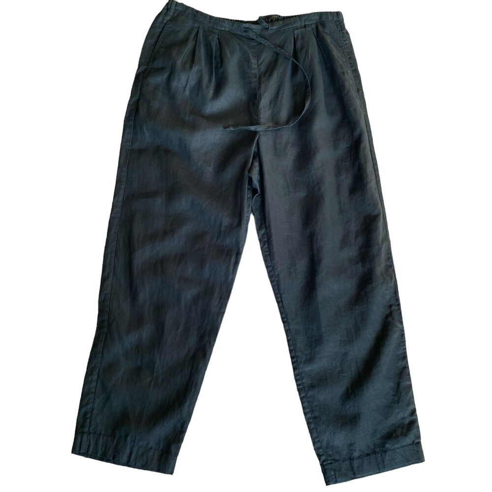 VALERIE STEVENS Navy Blue Neutral Minimalist 100% Linen Draw String Pants Size M